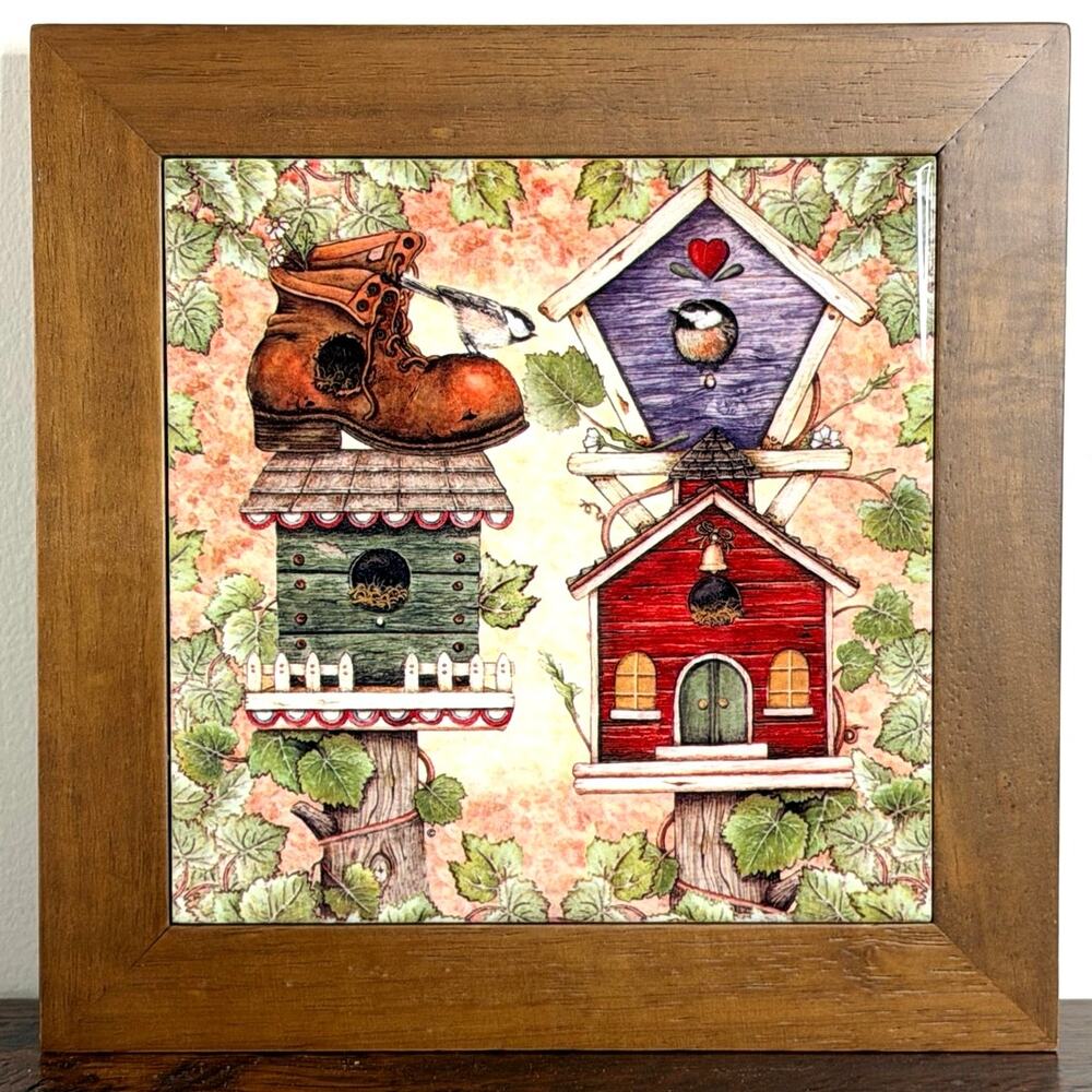 Vintage Tile Trivet Wall Hanging Birdhouse & Boot Design 8"x8"